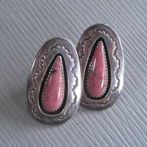 Large Pink Stone Post Southwest Rustic Vintage Designer Signed Sterling Earrings